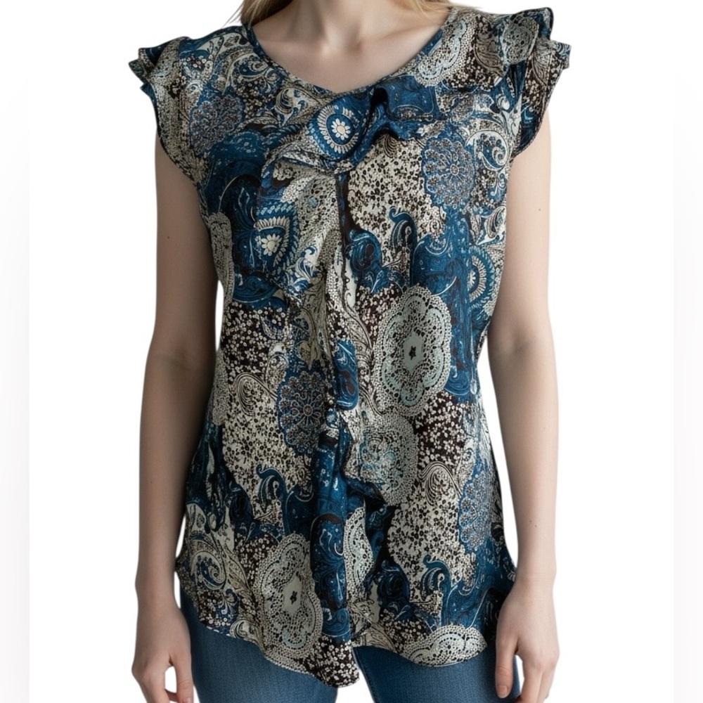 Roz & Ali Blue Paisley Ruffle Neck Blouse Cap Sleeve V-Neck Size Medium